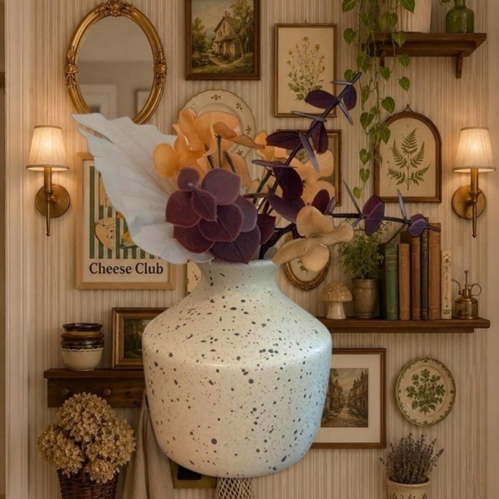Speckled White Ceramic Vase with Artificial Floral Stems Modern Home Decor Set
